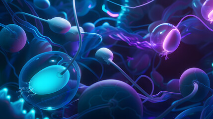 Glowing 3D illustration of sperm cells swimming dynamically, fertility and human biology concept AI.