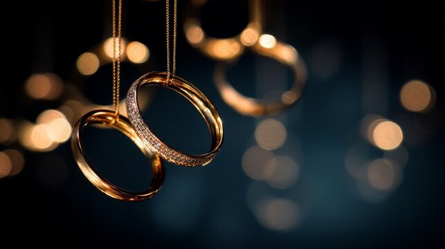 Elegant close-up of two suspended gold rings, one plain and one encrusted with sparkling crystals