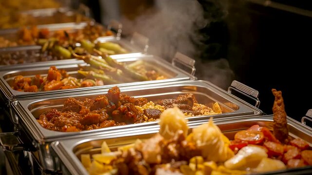 Steaming buffet trays filled with freshly prepared dishes under warm lighting showcasing professional catering service variety and hot meal selection