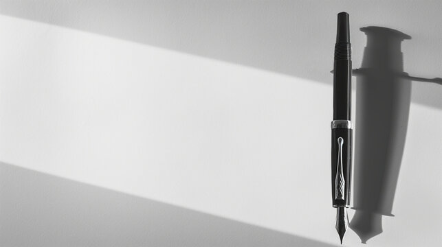 Conceptual Black and White Illustration of a Fountain Pen with a Shadow in the Shape of a Sword on a White Background Symbolizing the Power of Knowledge and Freedom of Speech