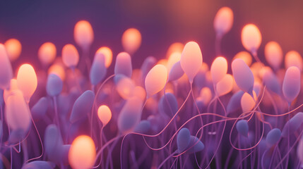 Glowing 3D illustration of sperm cells swimming forward, scientific reproduction concept detailed