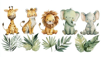 Obraz premium Watercolor illustration of cute baby jungle animals including giraffe, tiger, lion, and elephants with tropical leaves on white background