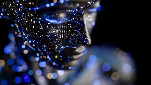 Close-up of side-profile face with luminous blue digital network mapping across skin, nodes and circuits intertwining with human features, abstract cyber intelligence visualization