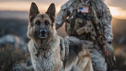 Close-up of veteran and K9 standing side by side, US flag illuminated by sunset light behind them, dog alert, soldier contemplative, evoking themes of loyalty, courage, and nationa