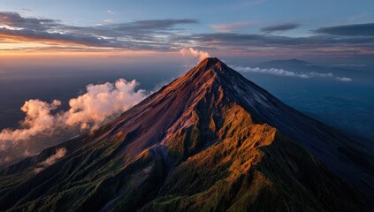 Aerial view of a majestic, snow-capped volcano, illuminated by the warm light of sunrise, with fluffy clouds at its base