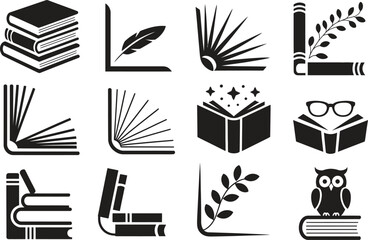 Study icon set, books education learning and academic symbols, flat black vector illustration isolated on white background