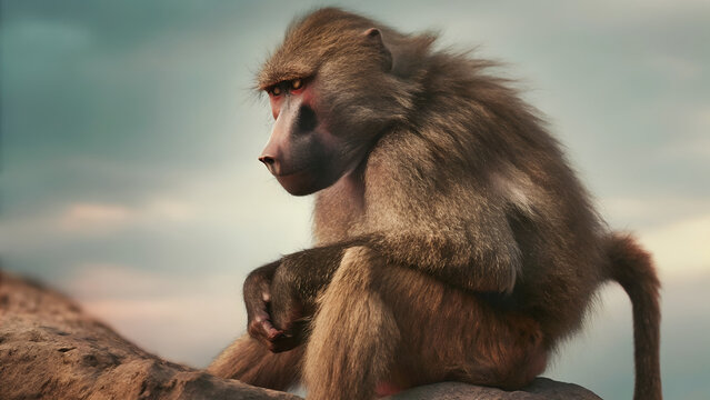 Quiet Baboon on Savanna Rock - Powered by Adobe