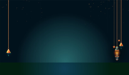 Naklejka premium Ramadan Lantern Background with Copy Space and Hanging Islamic Decorations.