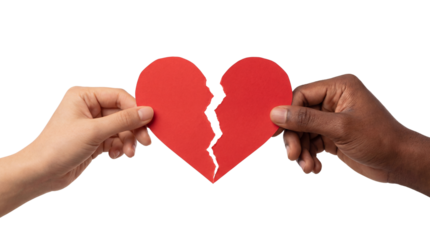 Multiracial hands holding two halves of a red paper heart isolated on trasparent background