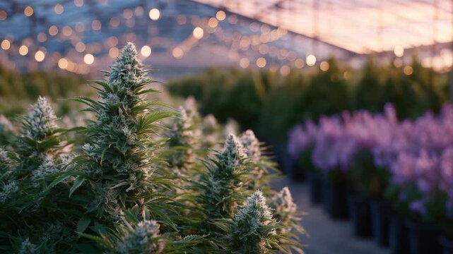 Detailed close-up of marijuana buds, illuminated by soft evening rays, pots arranged in symmetrical rows behind, greenhouse air filled with warm glowing dust particles.