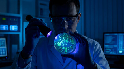 Scientist examining petri dish with blue light at night