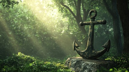 An antique anchor sits on a weathered rock in a lush, sunlit forest.