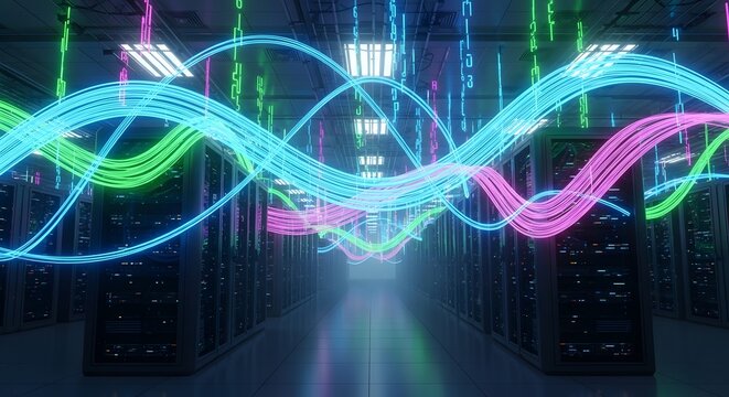 A vibrant and immersive data center visualization showcases glowing neon light streams weaving through rows of server racks representing digital connectivity - Powered by Adobe