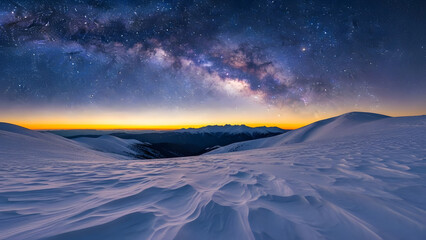 Majestic Milky Way arches over a serene snow-covered mountain landscape at dawn.