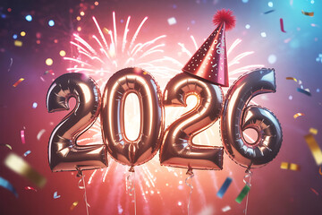 Happy new year 2026 balloons and fireworks celebration