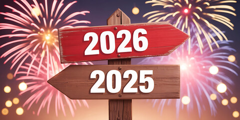 New year 2026 signpost with fireworks celebration