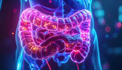 Artificial digestive system combining organic organs and transparent nano tubes illustration design
