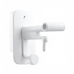 White wall-mounted towel hook.  Compact, modern design.  Features a rectangular base and a single, extending rod with a hook.  Simple, minimalist style.  Ideal for small spaces