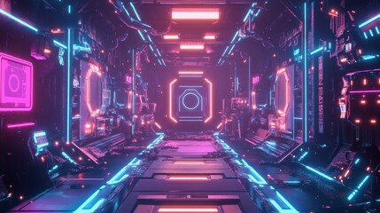 Futuristic, glowing tunnel with vibrant neon lights and intricate machinery