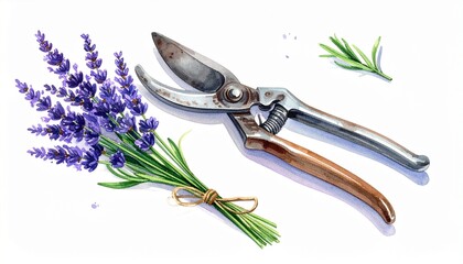 Pruning shears with lavender flowers bouquet.