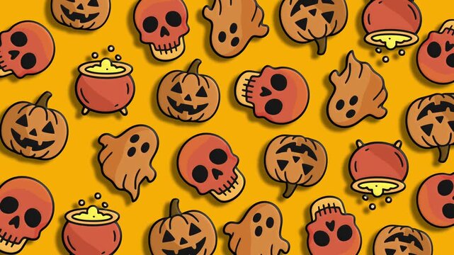 Yellow halloween pattern with various cute spooky and creepy icons
