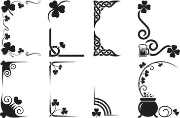 Floral corner frame icon set, decorative vintage borders and ornaments, flat black vector illustration isolated on white background