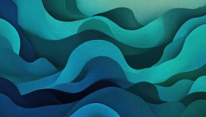 An abstract layered illustration featuring undulating, flowing waves with varying shades of blue and teal, creating a visual texture