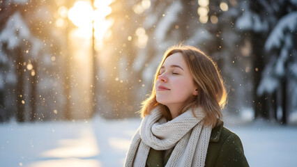 Young woman enjoying a peaceful moment in a sunlit winter forest