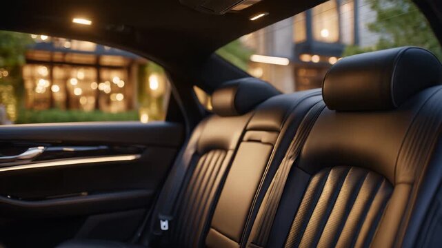 Elegant rear passenger area of a high-end modern car, black leather seats shining under ambient cabin lighting, seatbelts already fastened; the open door presents a welcoming, spac