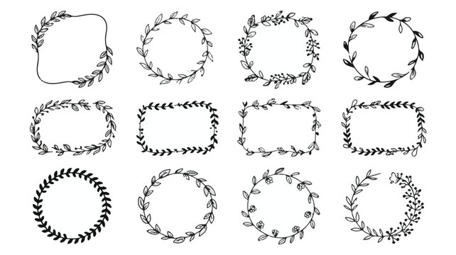 A collection of 12 black and white floral frame designs arranged in a 3x4 grid.  