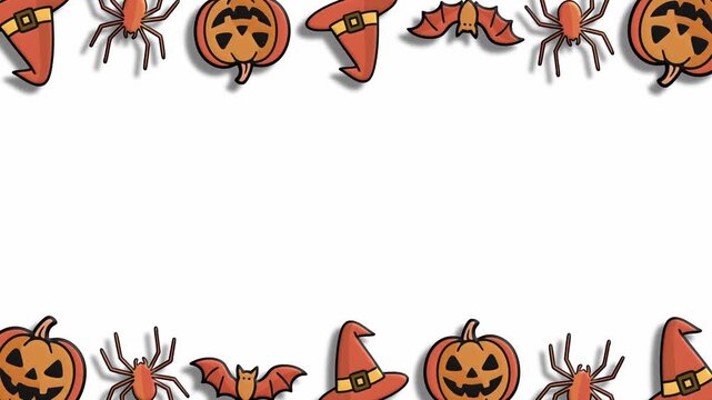 White halloween border with spiders pumpkins and witch hat icons