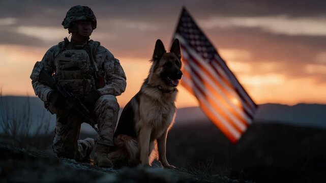 Epic cinematic angle of a veteran and German Shepherd silhouetted against an orange-red sunset, US flag billowing in the background, symbolizing service, duty, and unbreakable bond