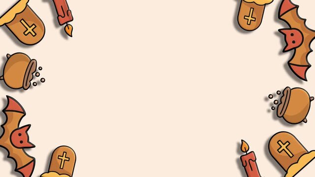 Beige halloween border with bats cauldrons and tombstone icons background