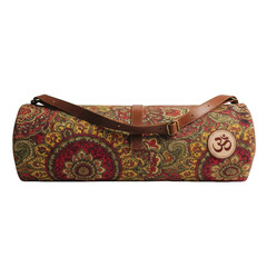 Cylindrical yoga mat bag with paisley pattern and Om symbol