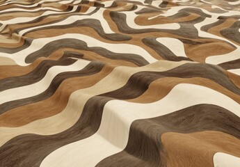 An abstract, undulating surface with a layered design in shades of brown and beige, creating a visually dynamic, flowing pattern