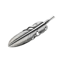 Detailed silver feather pendant on black background