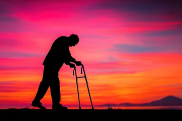 A silhouette of a person with a walker against a vibrant sunset, symbolizing resilience and the passage of time.