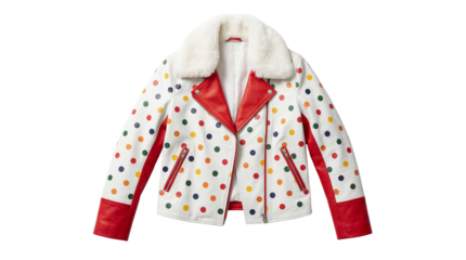 Fashionable Colorful Polka Dot White Leather Biker Jacket Product Shot with Faux Fur Collar