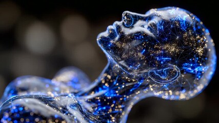 Futuristic human profile illuminated by neon blue network overlay, abstract AI connections flowing around head, representing human and machine integration - Powered by Adobe