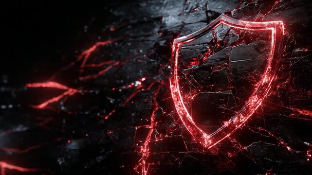 Futuristic fractured shield lit in crimson neon, textures enhanced by a damaged black wall behind it, representing broken armor, security failure, and abstract technological peril