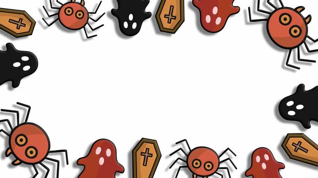 Halloween border with ghosts spiders and coffins on white background