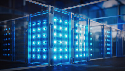 Modern server racks in a high-tech data center illuminated by bright blue LED lights, behind glass doors. Concept of cloud computing, big data, and IT infrastructure in a cool-toned environment.