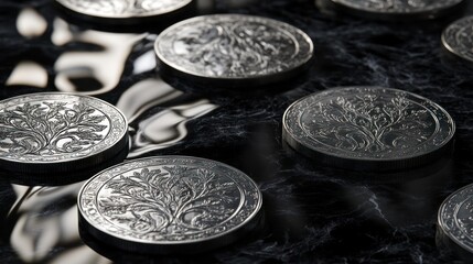 Silver coins with intricate designs, reflecting on dark surface.