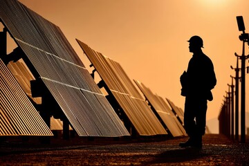 A silhouette of a worker stands amidst solar panels, illuminated by the warm glow of sunset, symbolizing renewable energy and sustainable practices.