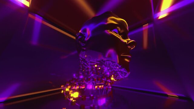 Abstract Human Head VJ Loop, Cyberpunk Face with Neon Red and Blue Lighting for Club Stage Screens