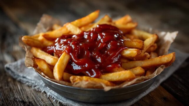 Golden french fries piled high in a metal bowl with paper liner, smothered in rich red tomato ketchup and served with creamy mayonnaise on the side, crispy texture and warm lightin