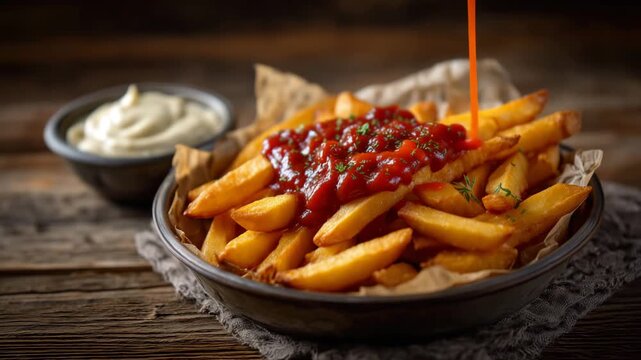 Golden french fries stacked high, smothered with ketchup, served alongside creamy mayonnaise in a rustic metal bowl with paper, warm lighting emphasizing texture and color contrast
