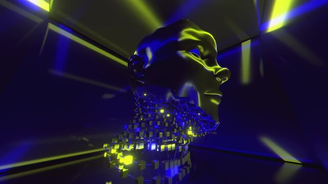 Abstract Human Head VJ Loop, Cyberpunk Face with Neon Red and Blue Lighting for Club Stage Screens