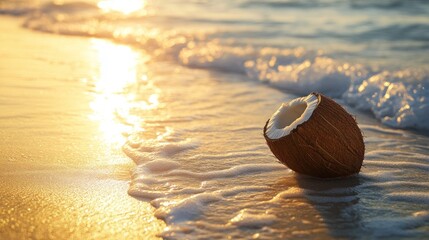 Broken coconut on a golden beach at sunrise. Ocean waves gently wash over the sand.