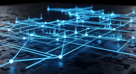 A futuristic depiction of interconnected nodes and lines floating above a dark complex circuit board representing data networks and technology
